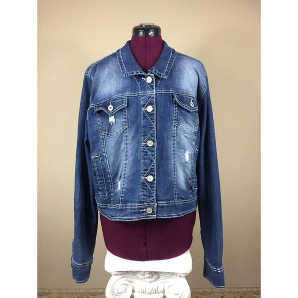 $50 Maurices Women's Blue Denim Distressed Jean Jacket Size 2 - Picture 1 of 10